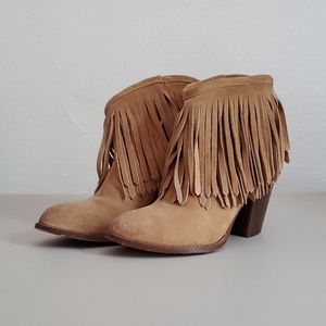 Frye Ilana Suede Ankle Fringe Booties Sand